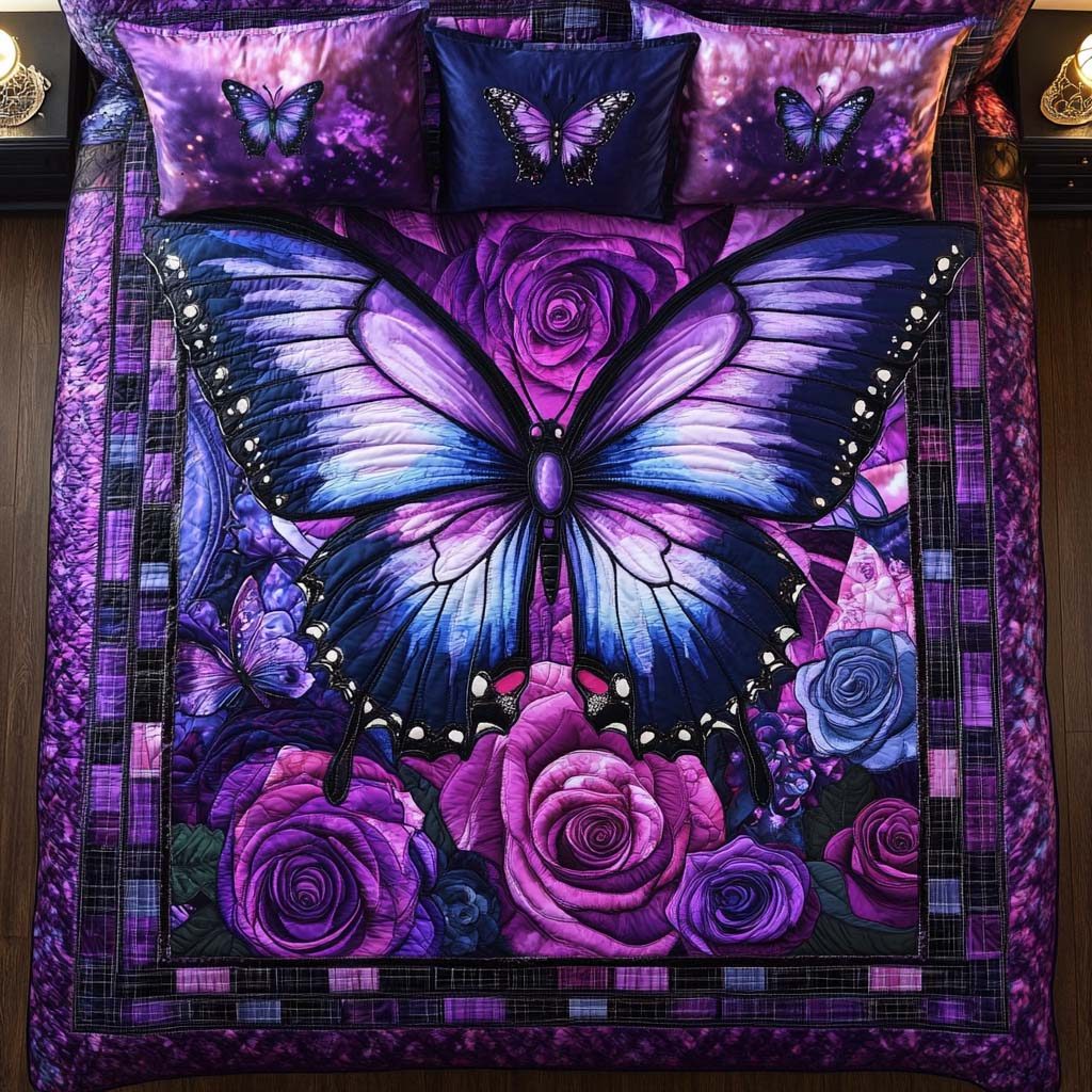Enchanted Butterfly Field quilted 3-piece bedding set on a made bed with two matching pillow shams