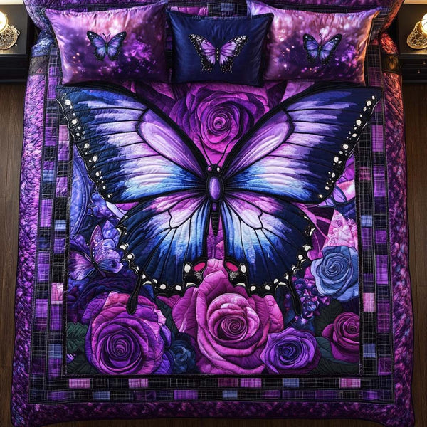 Enchanted Butterfly Field quilted 3-piece bedding set on a made bed with two matching pillow shams