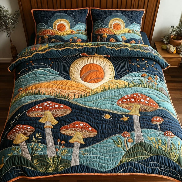 Enchanted Cap quilted 3-piece bedding set on a made bed with two matching pillow shams