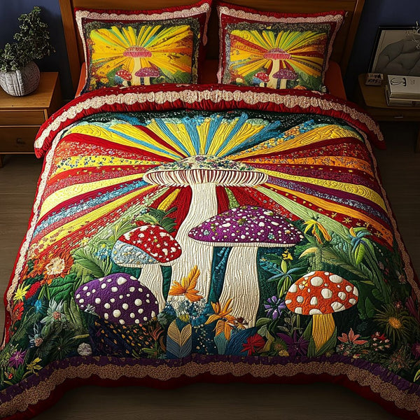 Enchanted Caps quilted 3-piece bedding set on a made bed with two matching pillow shams