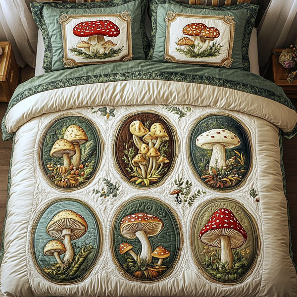 Enchanted Caps quilted 3-piece bedding set on a made bed with two matching pillow shams
