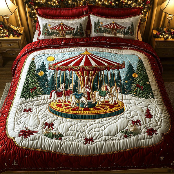 Enchanted Carousel quilted 3-piece bedding set on a made bed with two matching pillow shams