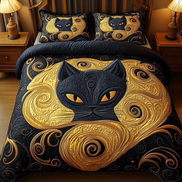 Enchanted Cat Dreams quilted 3-piece bedding set on a made bed with two matching pillow shams