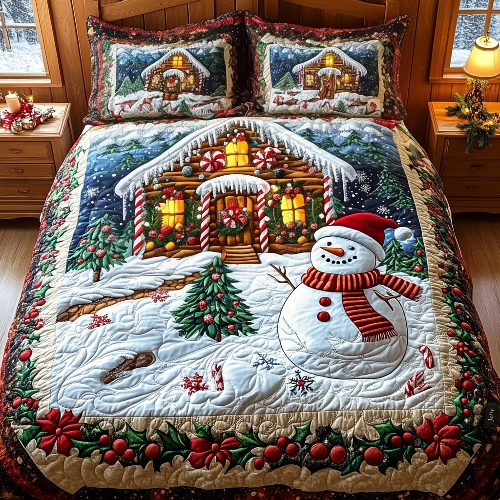 Enchanted Christmas Eve quilted 3-piece bedding set on a made bed in a winter-styled bedroom