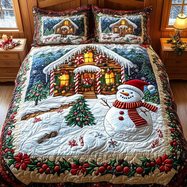 Enchanted Christmas Eve quilted 3-piece bedding set on a made bed in a winter-styled bedroom