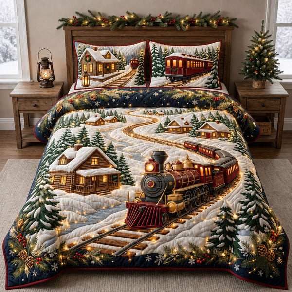Enchanted Christmas Train quilted 3-piece bedding set on a made bed in a winter-styled bedroom