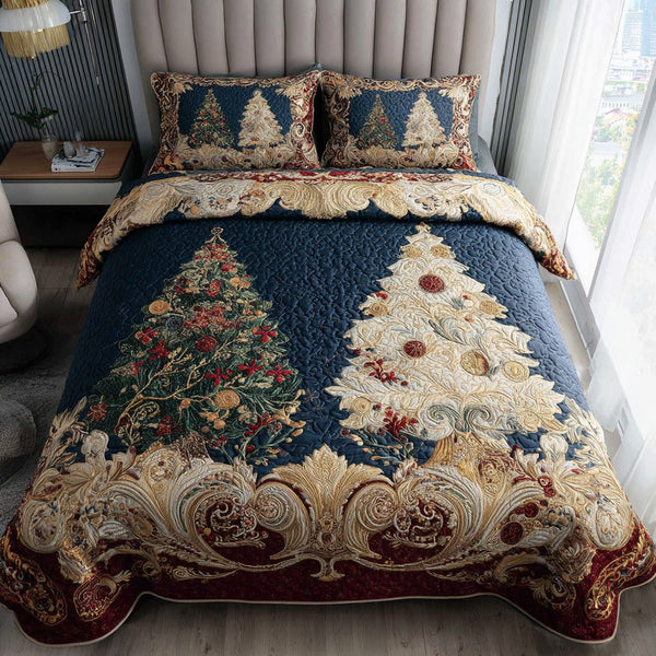 Enchanted Christmas Tree quilted 3-piece bedding set on a made bed in a winter-styled bedroom
