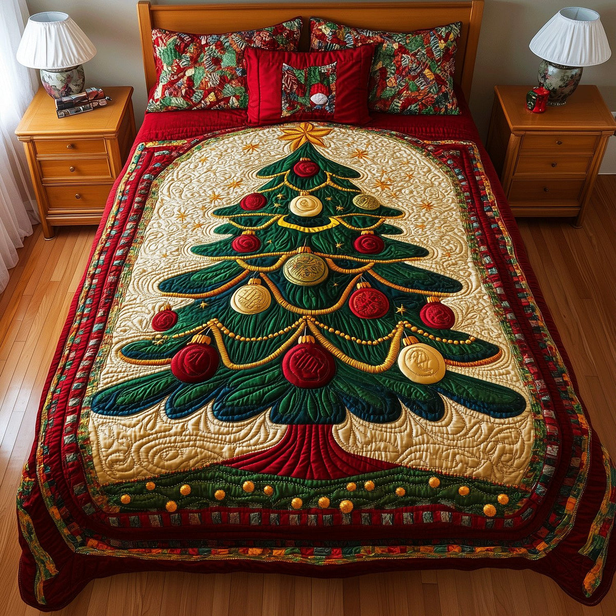 Enchanted Christmas Tree quilted 3-piece bedding set on a made bed in a winter-styled bedroom