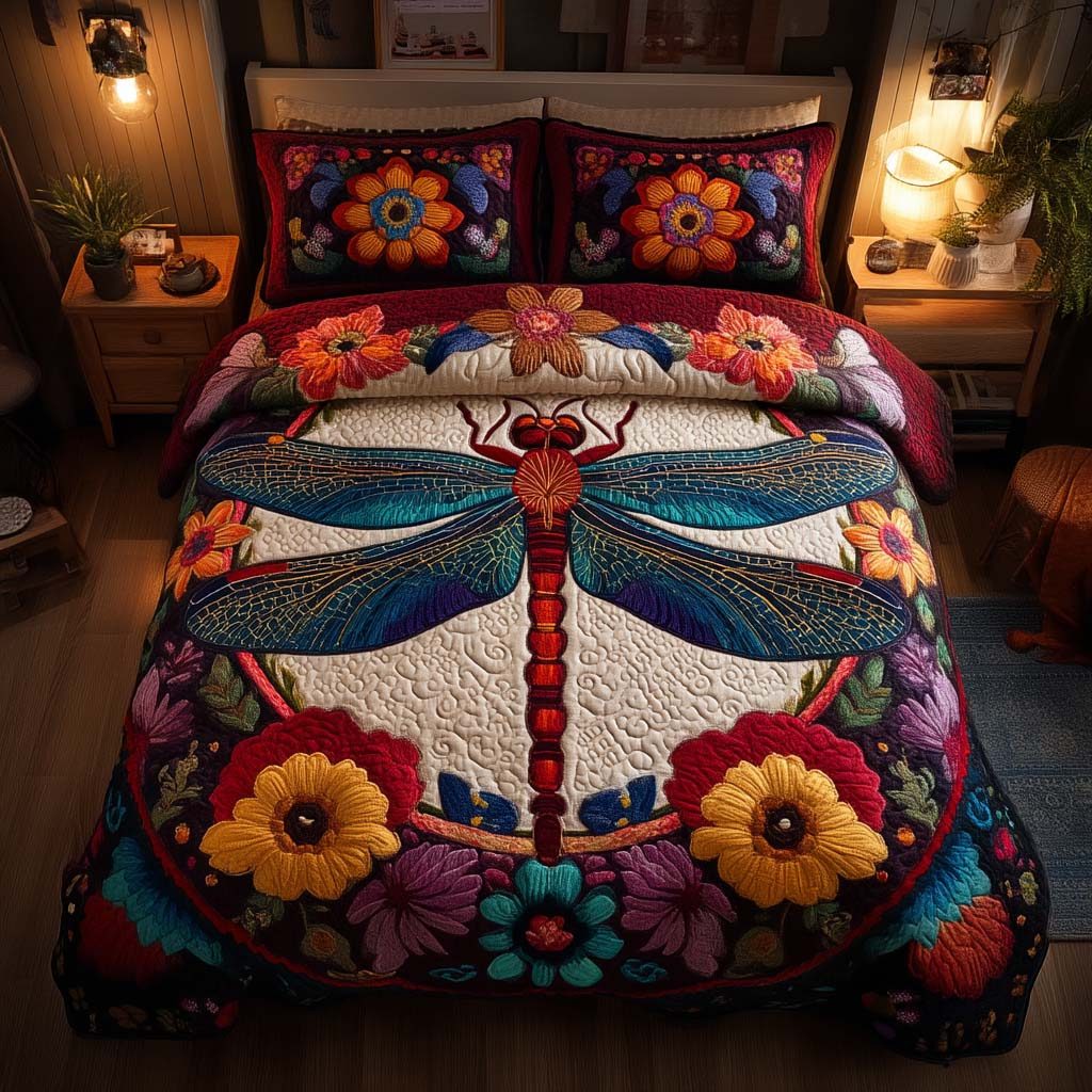 Enchanted Dragonfly quilted 3-piece bedding set on a made bed with two matching pillow shams