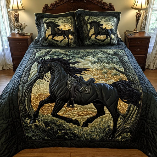 Enchanted Equine quilted 3-piece bedding set on a made bed with two matching pillow shams