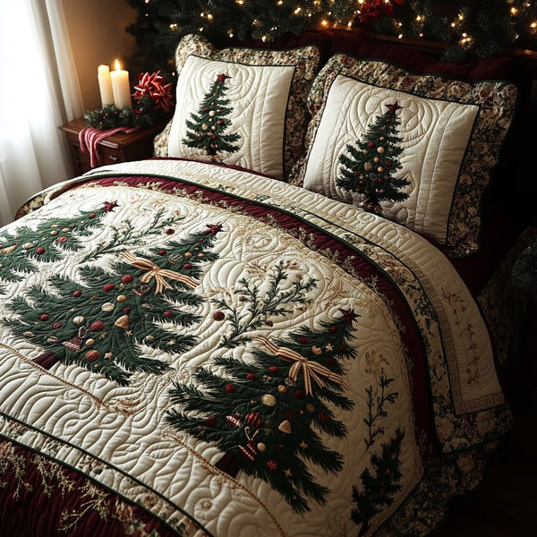 Enchanted Evergreen quilted 3-piece bedding set on a made bed with two matching pillow shams
