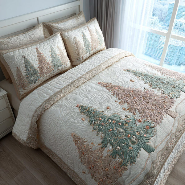 Enchanted Evergreen quilted 3-piece bedding set on a made bed with two matching pillow shams