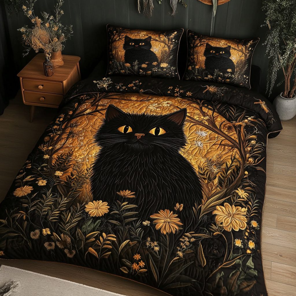 Enchanted Eyes quilted 3-piece bedding set on a made bed with two matching pillow shams