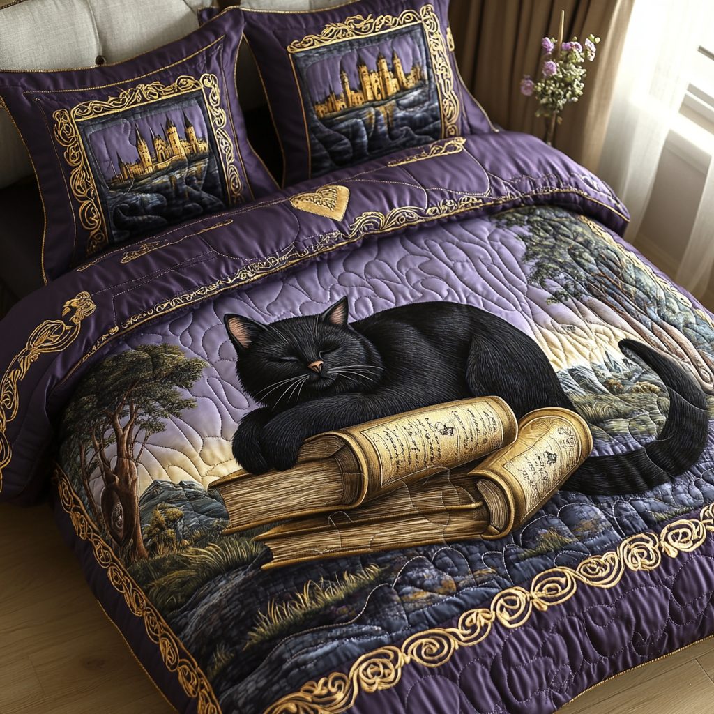 Enchanted Feline quilted 3-piece bedding set on a made bed with two matching pillow shams