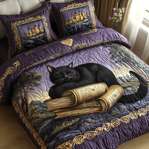 Enchanted Feline quilted 3-piece bedding set on a made bed with two matching pillow shams