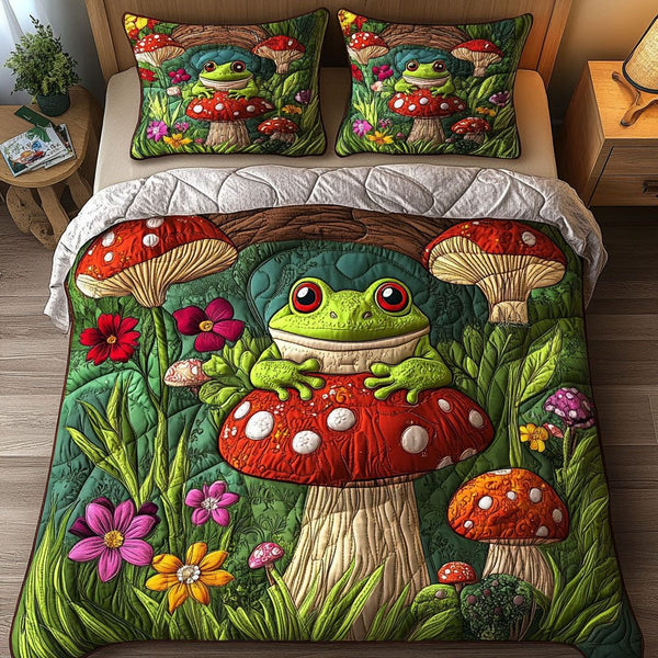 Enchanted Forest Frog quilted 3-piece bedding set on a made bed with two matching pillow shams