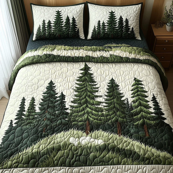 Enchanted Forest quilted 3-piece bedding set on a made bed with two matching pillow shams