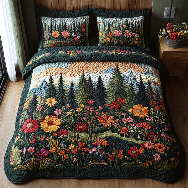 Enchanted Forest quilted 3-piece bedding set on a made bed with two matching pillow shams