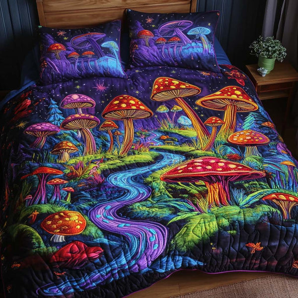 Enchanted Forest quilted 3-piece bedding set on a made bed with two matching pillow shams