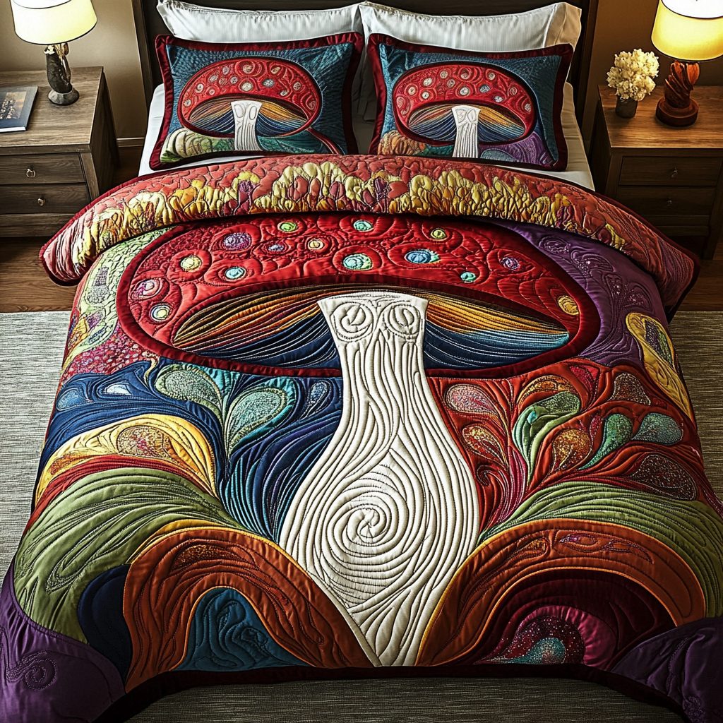 Enchanted Forest quilted 3-piece bedding set on a made bed with two matching pillow shams