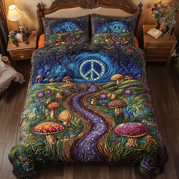 Enchanted Forest Serenity quilted 3-piece bedding set on a made bed with two matching pillow shams