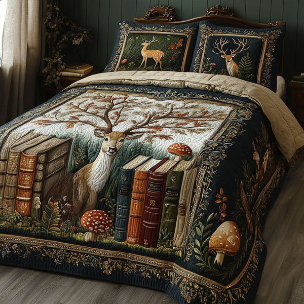 Enchanted Forest Stories quilted 3-piece bedding set on a made bed with two matching pillow shams