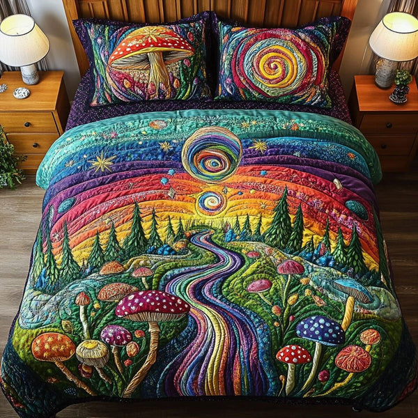 Enchanted Fungi quilted 3-piece bedding set on a made bed with two matching pillow shams