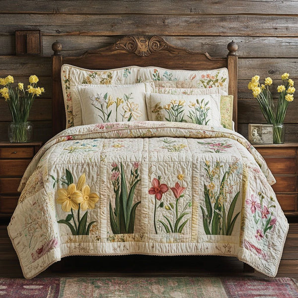 Enchanted Garden quilted 3-piece bedding set on a made bed with two matching pillow shams
