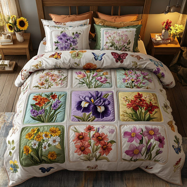 Enchanted Garden quilted 3-piece bedding set on a made bed with two matching pillow shams