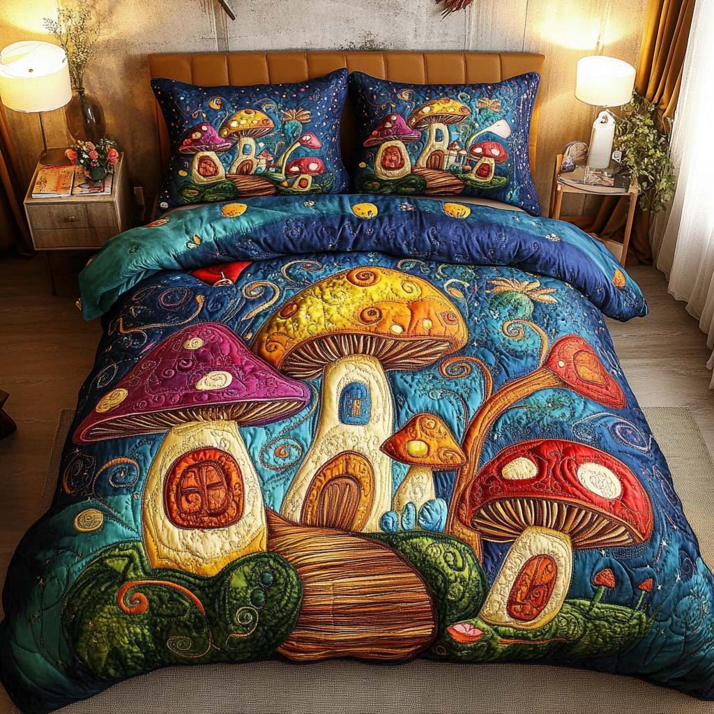 Enchanted Grove quilted 3-piece bedding set on a made bed with two matching pillow shams