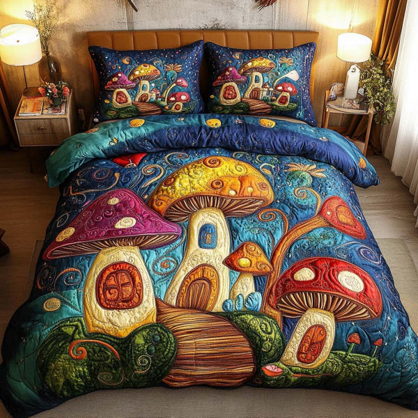 Enchanted Grove quilted 3-piece bedding set on a made bed with two matching pillow shams