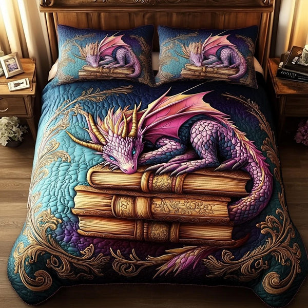 Enchanted Guardian quilted 3-piece bedding set on a made bed with two matching pillow shams