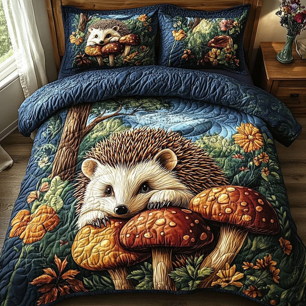 Enchanted Hedgehog quilted 3-piece bedding set on a made bed with two matching pillow shams