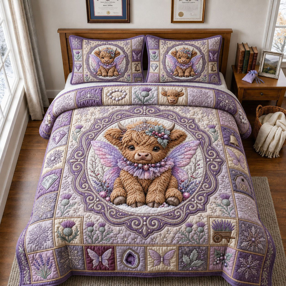 Enchanted Highland Cow quilted 3-piece bedding set on a made bed with two matching pillow shams