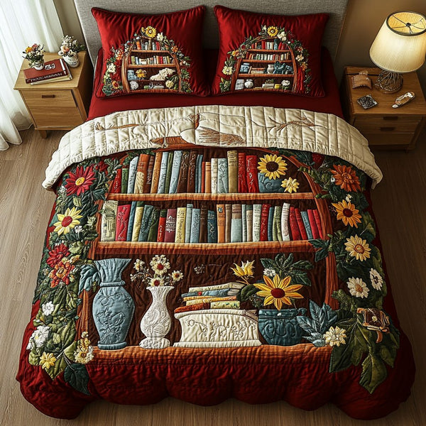 Enchanted Library quilted 3-piece bedding set on a made bed with two matching pillow shams