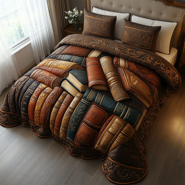 Enchanted Library quilted 3-piece bedding set on a made bed with two matching pillow shams