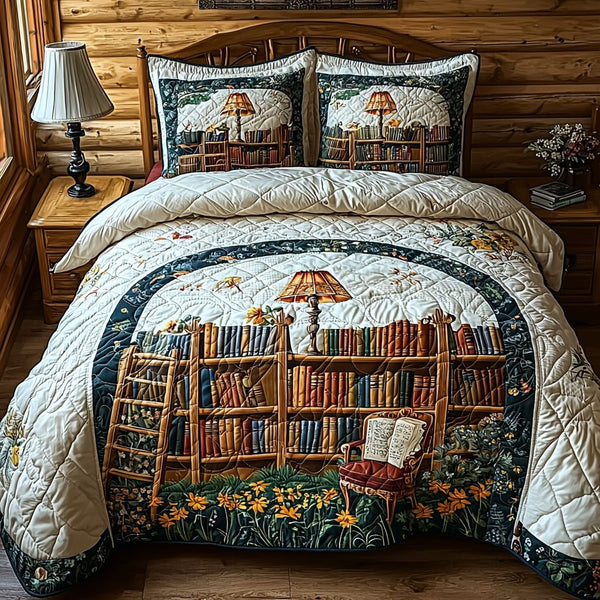 Enchanted Library quilted 3-piece bedding set on a made bed with two matching pillow shams