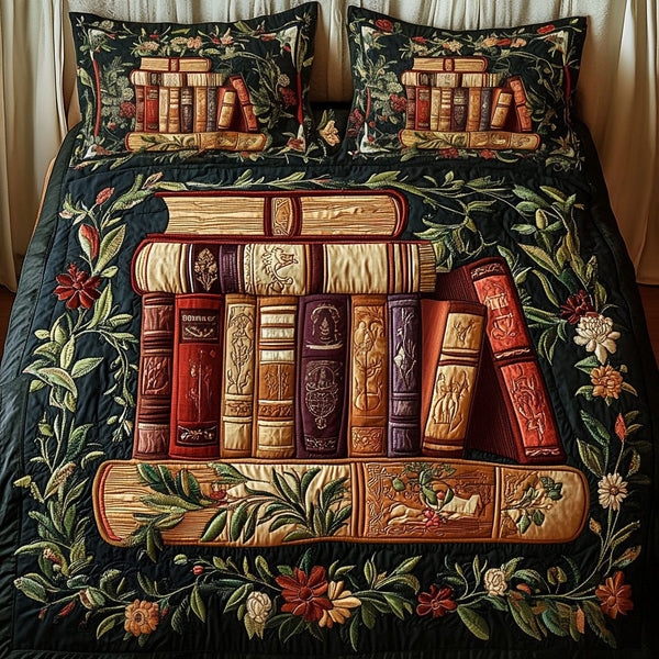 Enchanted Library quilted 3-piece bedding set on a made bed with two matching pillow shams