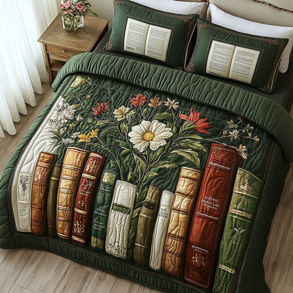 Enchanted Library quilted 3-piece bedding set on a made bed with two matching pillow shams