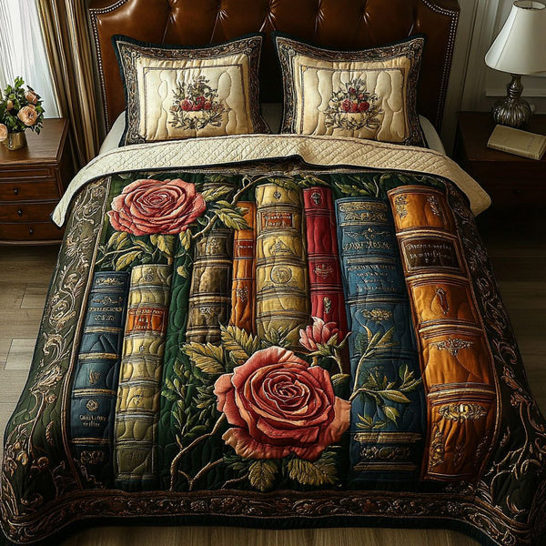 Enchanted Library quilted 3-piece bedding set on a made bed with two matching pillow shams