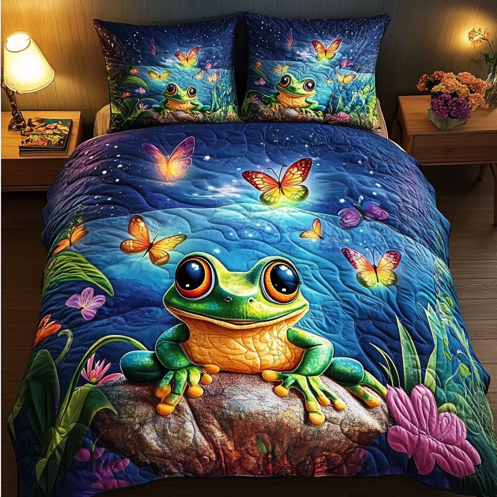 Enchanted Lilypond quilted 3-piece bedding set on a made bed with two matching pillow shams