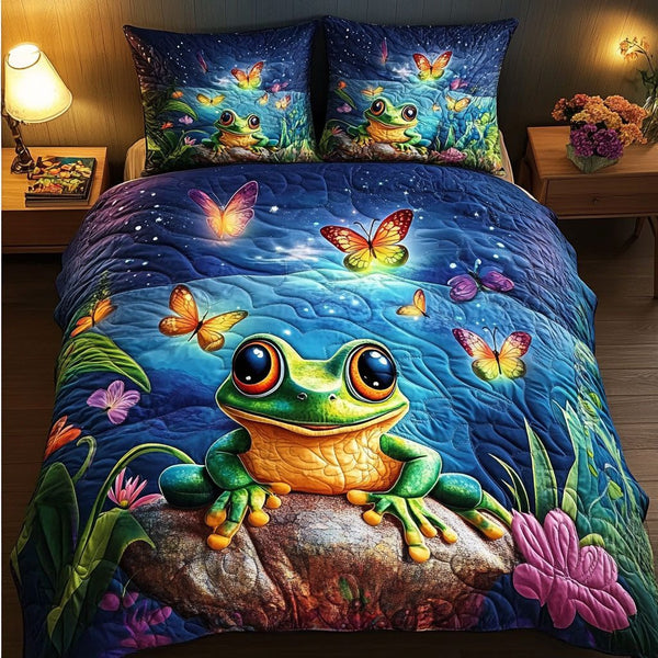 Enchanted Lilypond quilted 3-piece bedding set on a made bed with two matching pillow shams