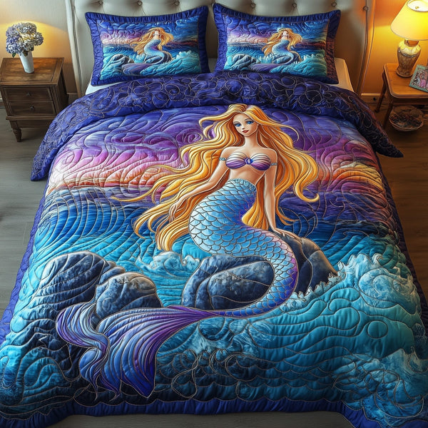 Enchanted Mermaid quilted 3-piece bedding set on a made bed in a light coastal bedroom