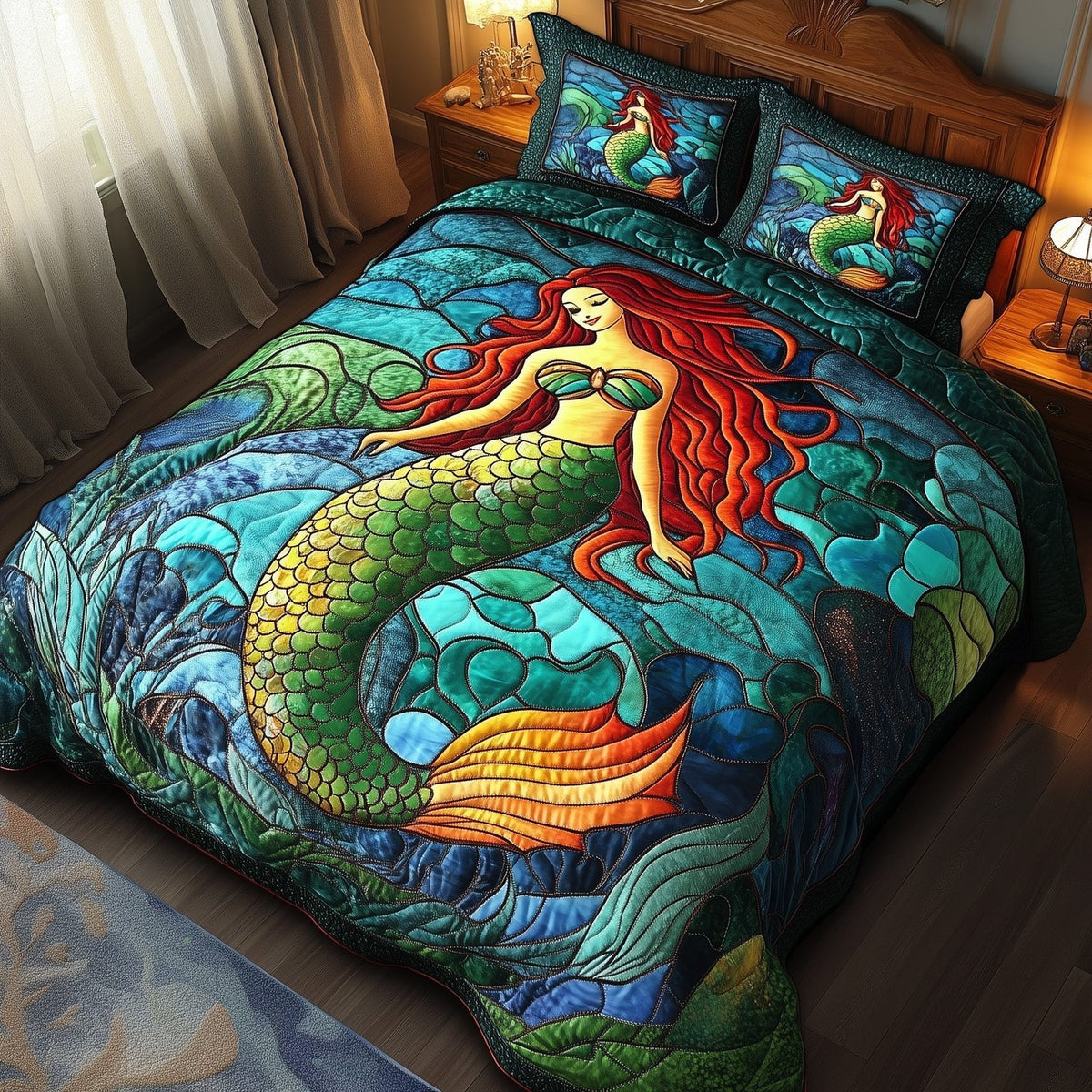 Enchanted Mermaid quilted 3-piece bedding set on a made bed in a light coastal bedroom
