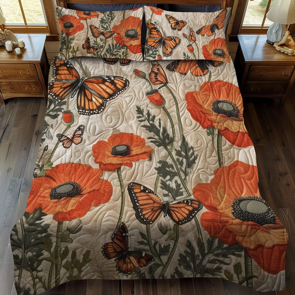 Enchanted Monarch Butterflies quilted 3-piece bedding set on a made bed with two matching pillow shams