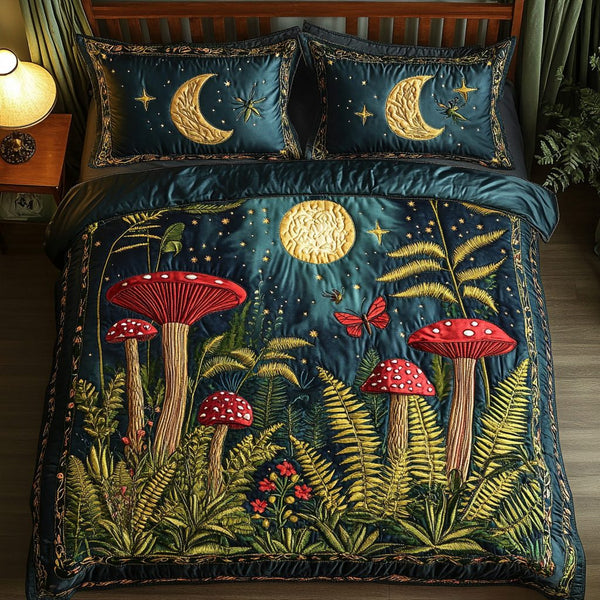 Enchanted Mushroom quilted 3-piece bedding set on a made bed with two matching pillow shams