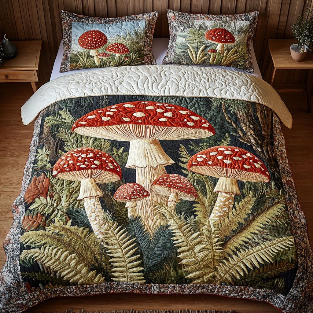 Enchanted Mushroom Woods quilted 3-piece bedding set on a made bed with two matching pillow shams