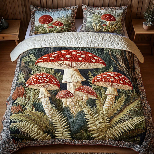 Enchanted Mushroom Woods quilted 3-piece bedding set on a made bed with two matching pillow shams