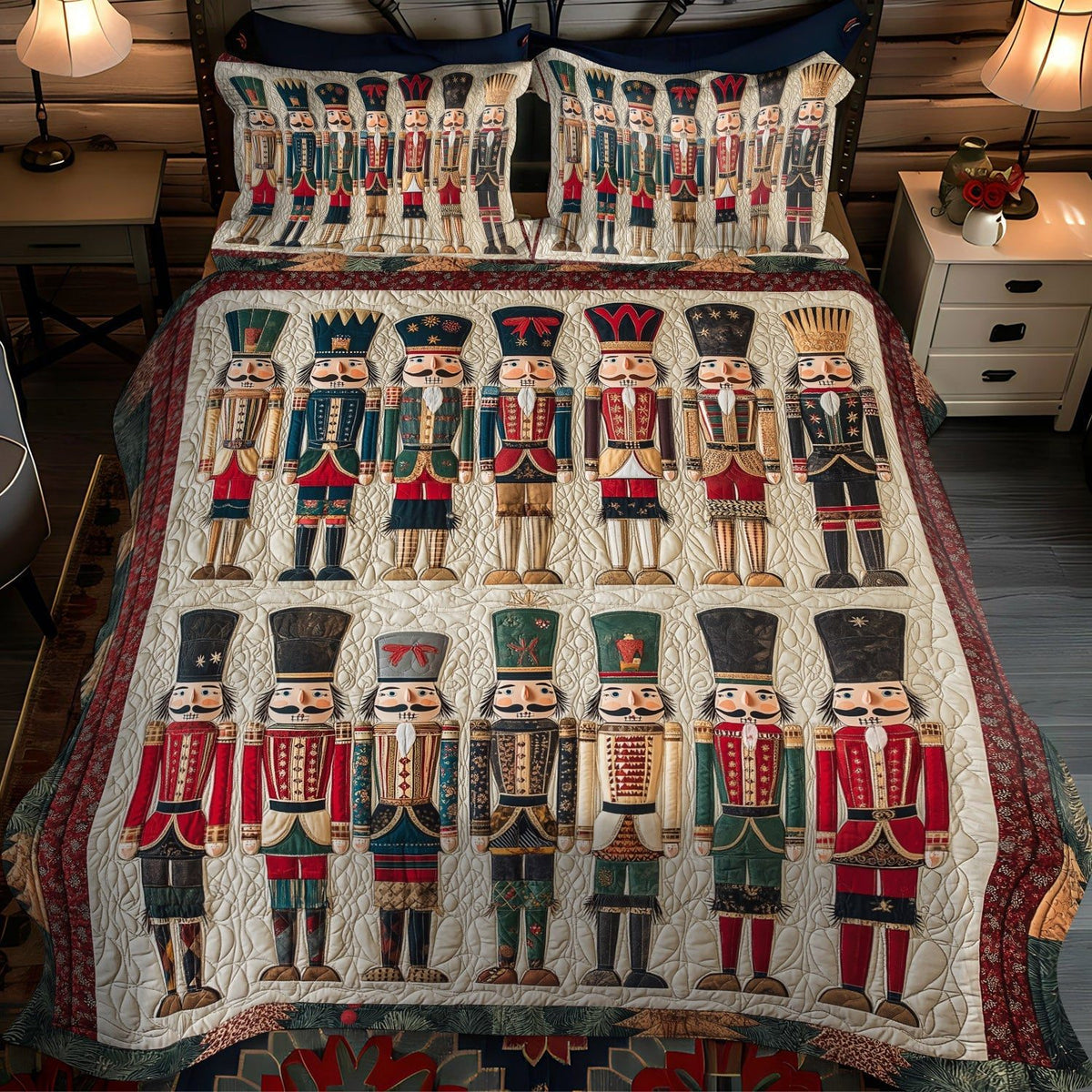 Enchanted Nutcracker quilted 3-piece bedding set on a made bed in a winter-styled bedroom