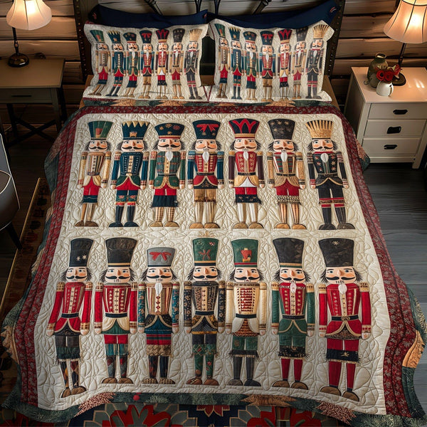 Enchanted Nutcracker quilted 3-piece bedding set on a made bed in a winter-styled bedroom